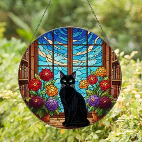 Sleek Black Cat Stained Glass Window Plants Bookshelves Home Decor Gift for Cat Lover Stained Glass Suncatcher