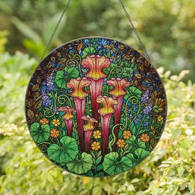 Pitcher Plants Wildflowers Green Foliage Botanical Forms - Home Decor Gift for Plant Lover Stained Glass Suncatcher