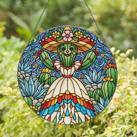 Saguaro Cactus Pink Flower Sombrero Dress Desert Flora Mosaic - Home Decor Gift Stained Glass Suncatcher