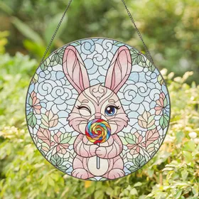 Winking Bunny Rainbow Lollipop Sky Clouds Foliage - Home Decor Gift for Bunny Lover Stained Glass Suncatcher
