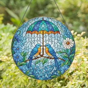 Loving Blue Birds Umbrella Raindrops Flowers Leaves - Home Decor Gift for Bird Lover Stained Glass Suncatcher