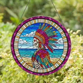Skeletal Figure Feather Headdress Dreamcatcher Beach Mosaic Scene - Home Decor Gift Stained Glass Suncatcher