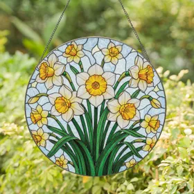 Vibrant Blooming Daffodil Bouquet Creamy White Petals Yellow Orange Coronas Window Decor Gift Stained Glass Suncatcher