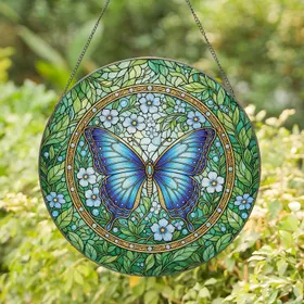Blue Butterfly Stained Glass Flowers - Home Decor Gift for Butterfly Lover Stained Glass Suncatcher