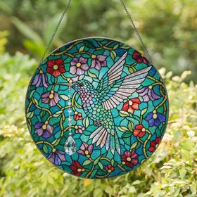Iridescent Hummingbird Blossoming Flowers - Home Decor Gift for Wildlife Lover Stained Glass Suncatcher