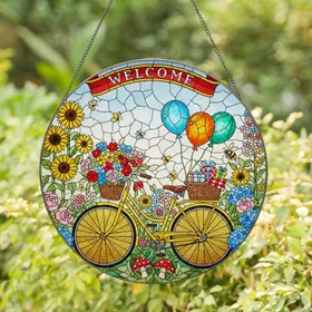 Vintage Bicycle Flower Baskets Welcome Banner Toadstools - Home Decor Gift Stained Glass Suncatcher