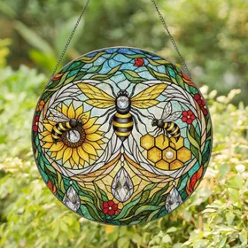 Detailed Bees Sunflower Honeycomb Garden Lush Leaves Blossoms - Home Decor Gift for Bee Lover Stained Glass Suncatcher