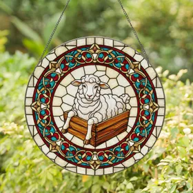 Fluffy White Sheep Wooden Crate Tiffany Floral Border - Home Decor Gift for Sheep Lover Stained Glass Suncatcher