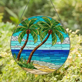 Two Palm Trees Beach Ocean Scene Tropical Foliage - Home Decor Gift Stained Glass Suncatcher
