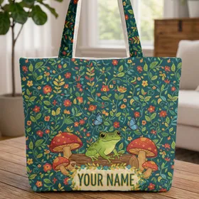 Personalized Curious Frog Log Mushrooms Butterfly - Wildlife Lover Gift Quilted Tote Bag