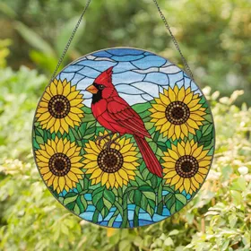 Red Cardinal Sunflowers Hills Water Landscape - Bird Watcher Home Decor Gift Stained Glass Suncatcher