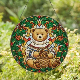Bear Acorn Basket Leaves Berries - Home Decor Gift for Wildlife Lovers Stained Glass Suncatcher