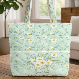 White Daisy Forget-Me-Not Floral Wreath Calligraphy Everyday Carry Gift Quilted Tote Bag