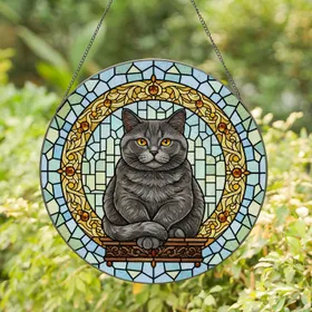 Tiffany Style British Shorthair Cat Amber Eyes Golden Floral - Cat Lover Home Decor Gift Stained Glass Suncatcher