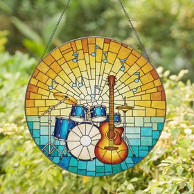 Stained Glass Acoustic Guitar Drum Kit Music Notes - Home Decor Gift for Music Lover Stained Glass Suncatcher