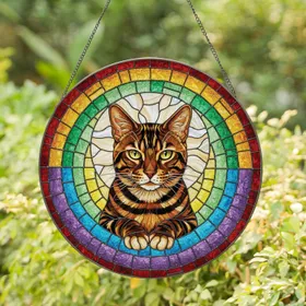 Bengal Cat Stained Glass Concentric Mosaic Jewel Tones - Home Decor Gift for Cat Lover Stained Glass Suncatcher