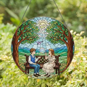 Boy Girl Blowing Bubbles Ancient Trees Hills - Home Decor Gift Stained Glass Suncatcher