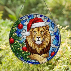 Majestic Lion Santa Hat Christmas Tree Red Baubles Starry Night - Christmas Holiday Decor Stained Glass Suncatcher