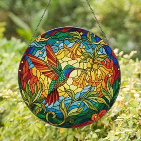 Hummingbird Bell Flowers Garden Foliage Swirling Sky - Home Decor Gift for Nature Lovers Stained Glass Suncatcher