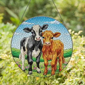Cuddling Calves Pastoral Meadow - Farmhouse Decor Gift for Cow Lover Stained Glass Suncatcher