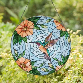 Iridescent Hummingbird Blooming Peach Orange Flowers Green Leaves - Home Decor Gift Stained Glass Suncatcher