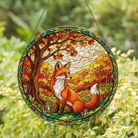 Red Fox Autumn Woodland Berries Mushrooms - Wildlife Lover Home Decor Gift Stained Glass Suncatcher