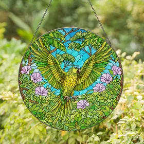 Green Amazon Parrot Tropical Garden Stained Glass - Bird Lover Window Decor Gift Stained Glass Suncatcher