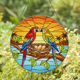 Affectionate Parrots Bird Nest Tropical Sunset - Home Decor Gift for Bird Lover Stained Glass Suncatcher
