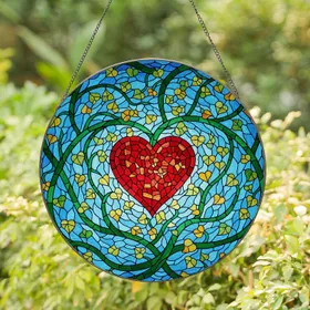 Expansive Mosaic Stained Glass Heart Flowing Branches Leaves - Home Decor Gift Stained Glass Suncatcher