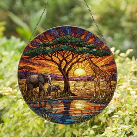 Acacia Tree African Elephants Giraffe Savanna Sunset - Wildlife Lover Home Decor Gift Stained Glass Suncatcher