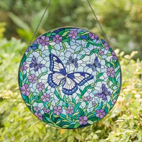 Cerulean Blue Butterfly Blue Purple Blooms Foliage Vines Home Decor Gift Stained Glass Suncatcher