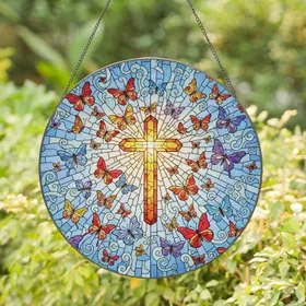 Glowing Mosaic Cross Butterfly Swarm Blue Sky - Spiritual Home Decor Gift Stained Glass Suncatcher