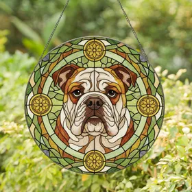 Bulldog Stained Glass Head with Golden Floral Medallions - Home Decor Gift for Dog Owners Stained Glass Suncatcher