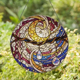 Golden Moon Gnarled Branch Crystal Stars - Cosmic Home Decor Gift Stained Glass Suncatcher