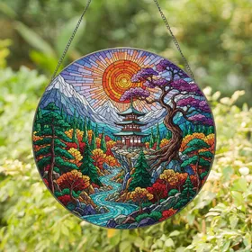 Japanese Pagoda Snow Mountain River Autumnal Tree - Home Decor Gift Stained Glass Suncatcher