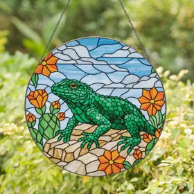 Green Lizard Desert Flowers Cactus - Home Decor Gift for Wildlife Lover Stained Glass Suncatcher
