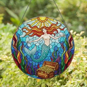 Mermaid Treasure Chest Aquatic Plants Ocean Scene - Home Decor Gift for Mermaid Lover Stained Glass Suncatcher