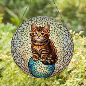 Blue Eyed Tabby Kitten Large Mosaic Sphere - Home Window Decor Gift for Cat Lovers Stained Glass Suncatcher