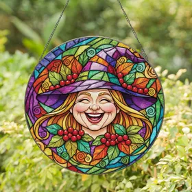 Joyful Cartoon Witch Multicolored Patchwork Hat Autumn Leaves Berries - Witch Lover Gift Stained Glass Suncatcher