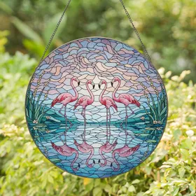 Pink Flamingos Water Reflections Swirling Sky - Home Decor Gift for Bird Watchers Stained Glass Suncatcher