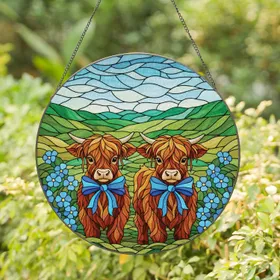 Highland Calves Blue Bows Blue Flowers - Home Decor Gift for Cow Lover Stained Glass Suncatcher