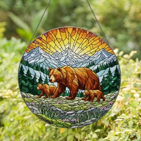 Brown Bear Cubs Mountain Wildflower Snow-Capped Peaks - Wildlife Lover Gift Stained Glass Suncatcher