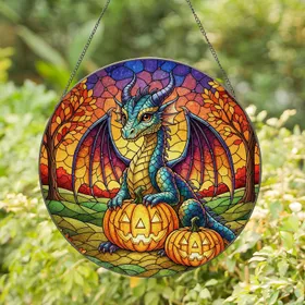 Dragon Jack-o'-Lantern Autumn Landscape - Halloween Home Decor Gift for Dragon Lover Stained Glass Suncatcher