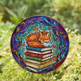 Curled Sleeping Fox Antique Books Botanical Elements Home Decor Gift for Book Lover Stained Glass Suncatcher