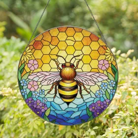 Jewel Tone Bee Wildflower Honeycomb Sky Mosaic - Wildlife Lover Home Decor Gift Stained Glass Suncatcher