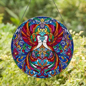 Tiffany Style Stained Glass Birds Heart Silhouette - Home Decor Gift for Bird Lover Stained Glass Suncatcher