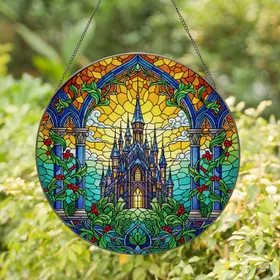 Multi-Spired Fantasy Castle Gothic Archways Lush Foliage Red Berries - Home Decor Gift for Castle Lover Stained Glass Suncatcher