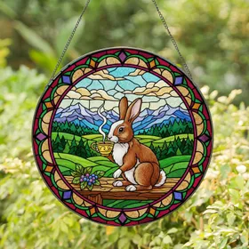 Brown White Rabbit Teacup Ornate Stained Glass Forest Mountains - Home Decor Gift Stained Glass Suncatcher