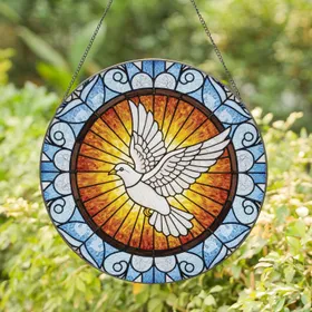 White Dove Sunburst Halo Dark Bronze Frame Stained Glass - Home Decor Gift Stained Glass Suncatcher