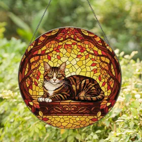 Tabby Cat on Wooden Ledge Autumn Leaves Branches - Autumnal Home Decor Gift for Cat Lover Stained Glass Suncatcher